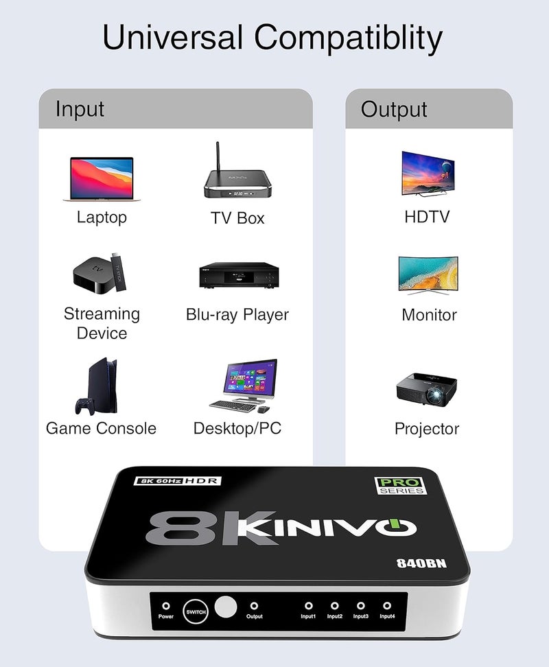 Kinivo 8K HDMI Switch (8K 60Hz, 4 in 1 Out, 48Gbps HDMI 2.1 Hub, Ultra HD Switcher, HDR10+, Dolby Atmos) - Compatible with HDTV, Nintendo Switch 2, PS5, Xbox, Apple TV - Image 5