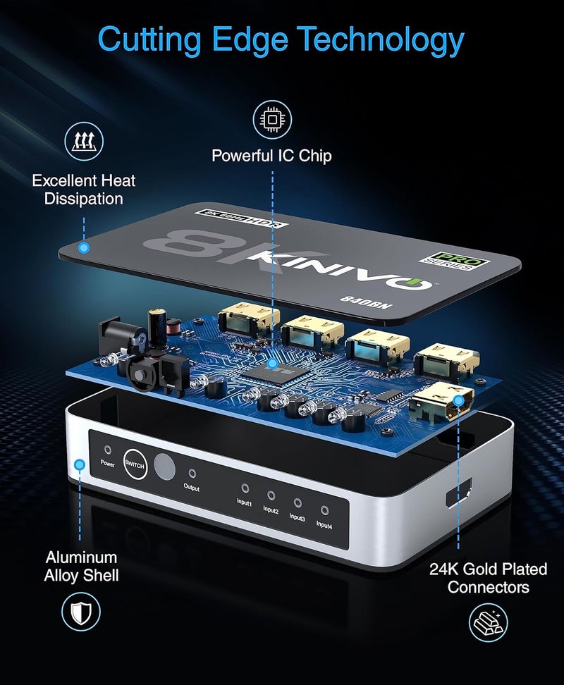 Kinivo 8K HDMI Switch (8K 60Hz, 4 in 1 Out, 48Gbps HDMI 2.1 Hub, Ultra HD Switcher, HDR10+, Dolby Atmos) - Compatible with HDTV, Nintendo Switch 2, PS5, Xbox, Apple TV - Image 3