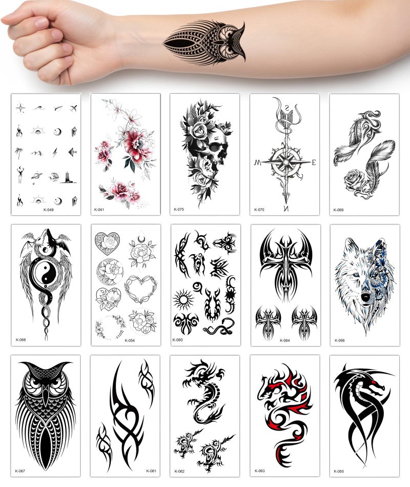XFSAFDM 15 Sheets Semi Permanent Tattoos, Large Temporary Tattoos for Adult, Fake Sleeve Tattoos, Semi Permanent Body Arm Tattoo Stickers Waterproof Long Lasting - Image 1