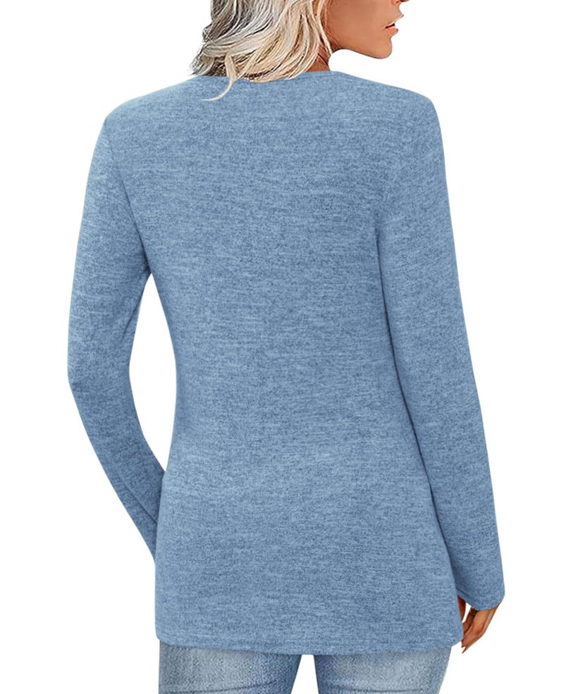 FMEYOA Women's Fall Long Sleeve Tunic Tops for Leggings V Neck Button Casual Blouse Sweatshirt(Blue,XX-Large) - Image 2