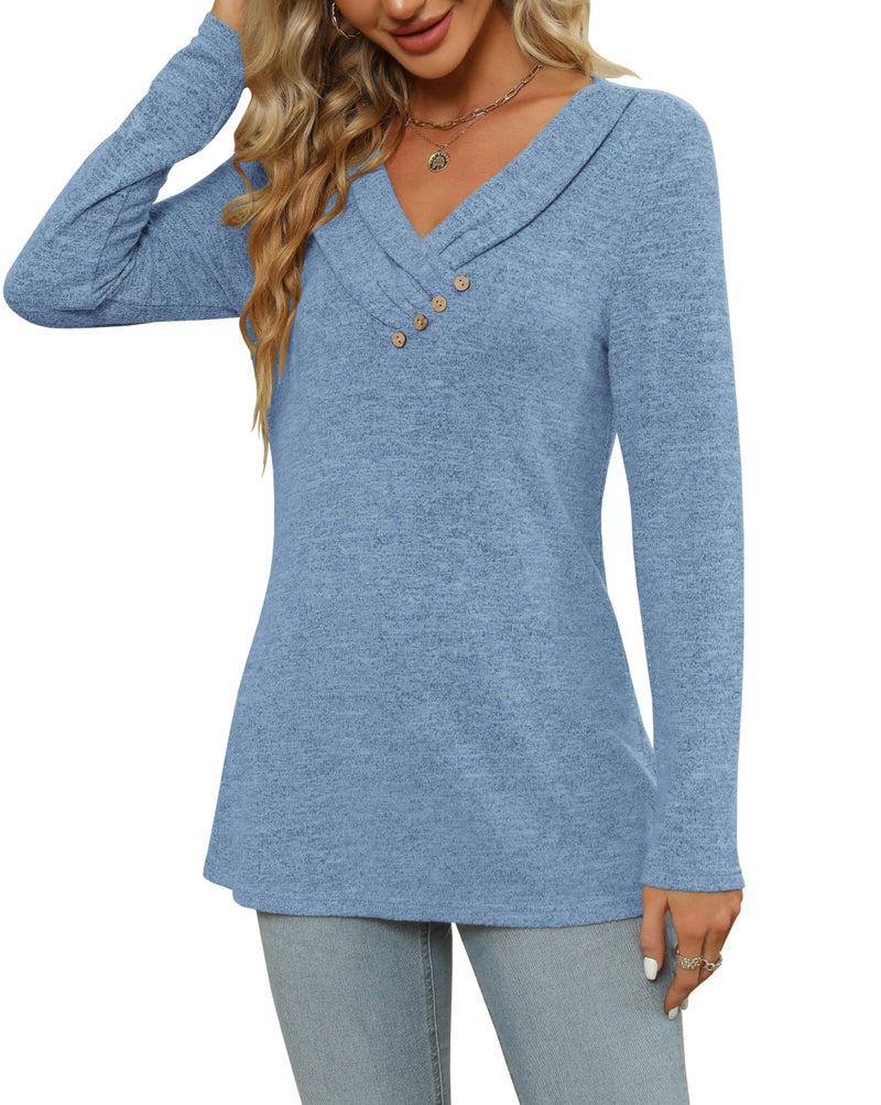 FMEYOA Women's Fall Long Sleeve Tunic Tops for Leggings V Neck Button Casual Blouse Sweatshirt(Blue,XX-Large) - Image 4