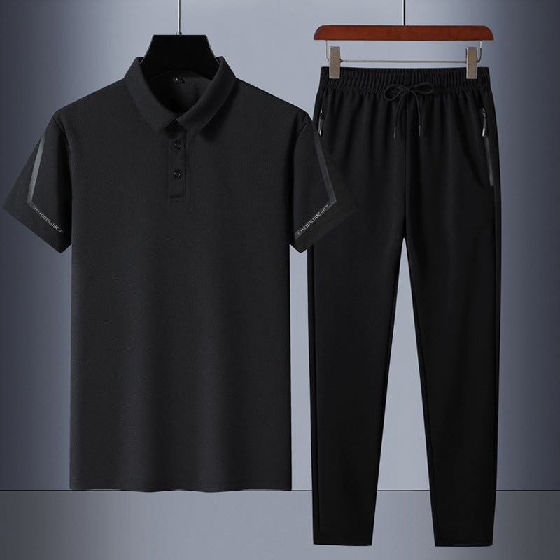 2023 Summer new Qingzhong young business short-sleeved polo shirt trousers two-piece casual sports suit Black  - Image 1