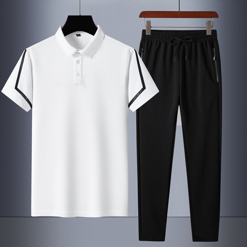 2023 Summer new Qingzhong young business short-sleeved polo shirt trousers two-piece casual sports suit Black  - Image 2