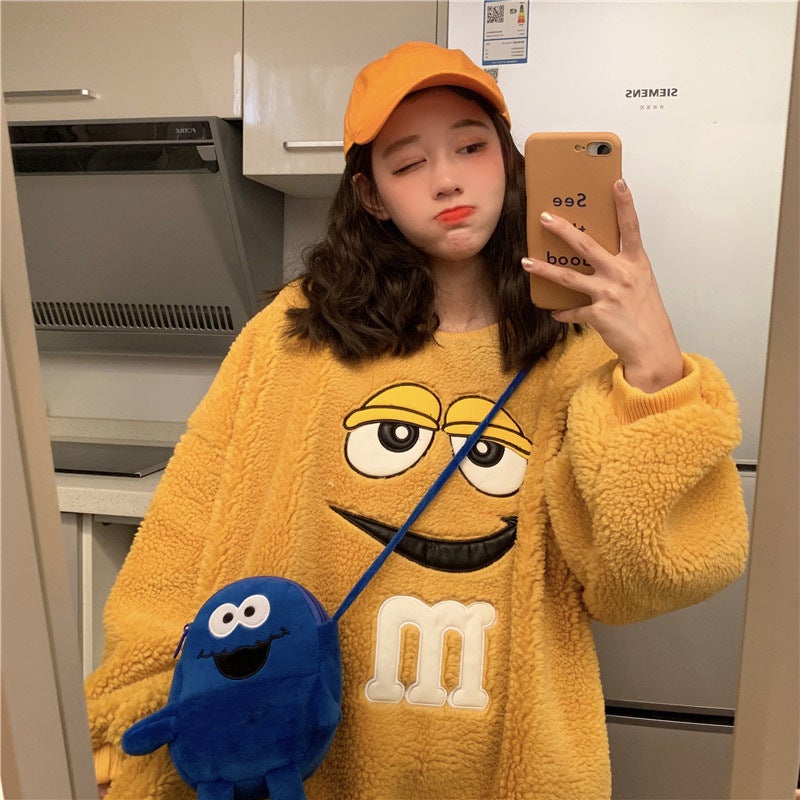 2024 Fashion Lamb Wool Thick Hoodies Women Autumn Winter Loose Korean Style Coat Yellow  - Image 2