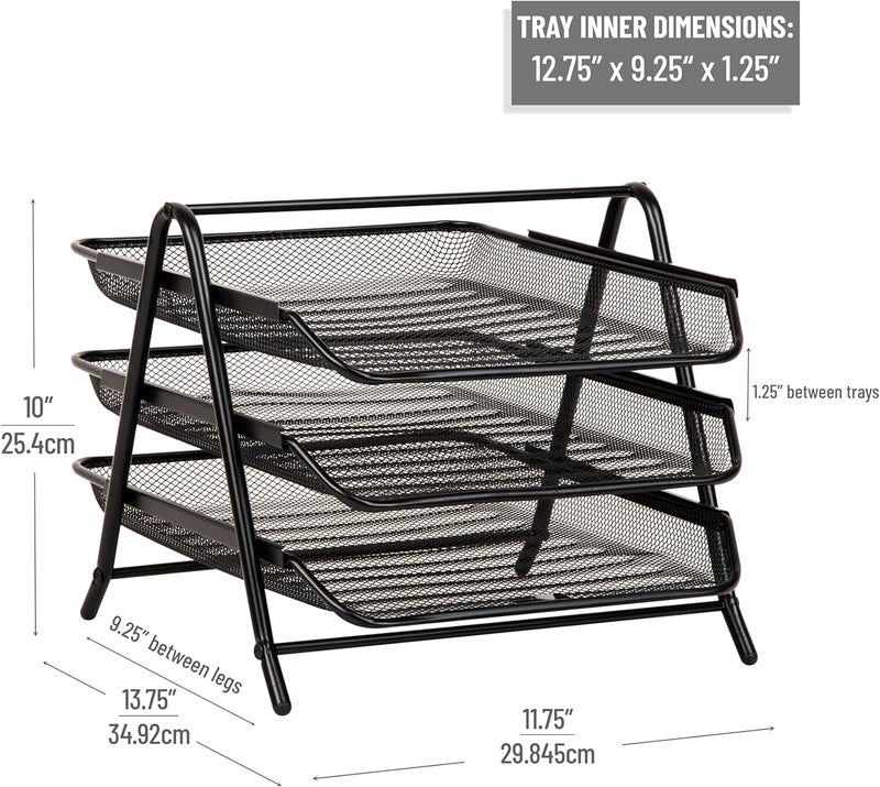 Mind Reader 3-Tier Paper Tray, Desktop Organizer, File Storage, Workspace, Office, Metal Mesh, 11.5"L x 13.75"W x 10"H, Black - Image 3