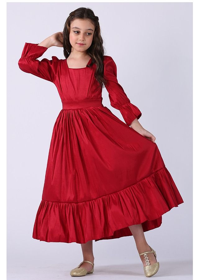 Modern Design Soft Elegant Girl's Dress Of Taffeta Material, Shanton, Long Sleeves On A Square Neck, Puffed From The Waist From The Bottom, A Wide Cut  - Image 3