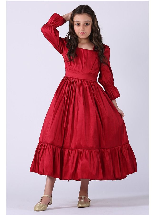 Modern Design Soft Elegant Girl's Dress Of Taffeta Material, Shanton, Long Sleeves On A Square Neck, Puffed From The Waist From The Bottom, A Wide Cut  - Image 2