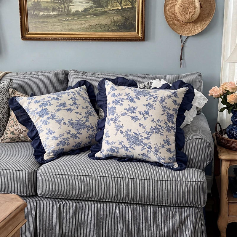 Tingjoo 2 Pack Blue Floral Vintage Throw Pillow Covers with Ruffle 18x18 Inch, Farmhouse Decorative Cushion Covers Neutral Accent Print Home Boho Decor Gifts for Sofa Chair Couch Bedroom Living Room - Image 4