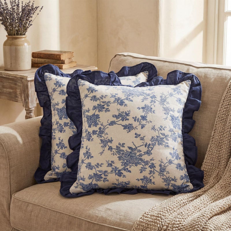 Tingjoo 2 Pack Blue Floral Vintage Throw Pillow Covers with Ruffle 18x18 Inch, Farmhouse Decorative Cushion Covers Neutral Accent Print Home Boho Decor Gifts for Sofa Chair Couch Bedroom Living Room - Image 1