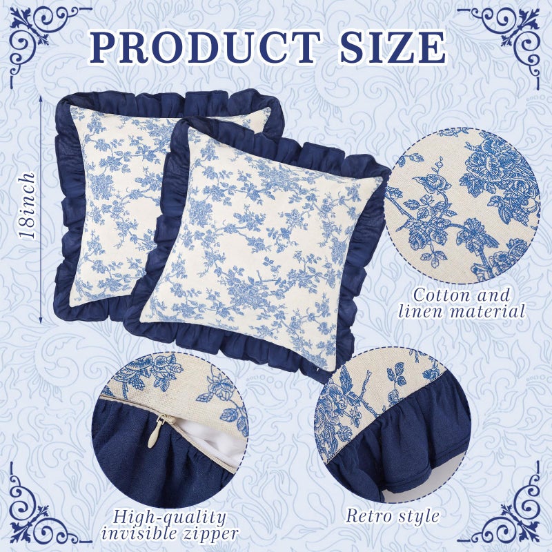 Tingjoo 2 Pack Blue Floral Vintage Throw Pillow Covers with Ruffle 18x18 Inch, Farmhouse Decorative Cushion Covers Neutral Accent Print Home Boho Decor Gifts for Sofa Chair Couch Bedroom Living Room - Image 2