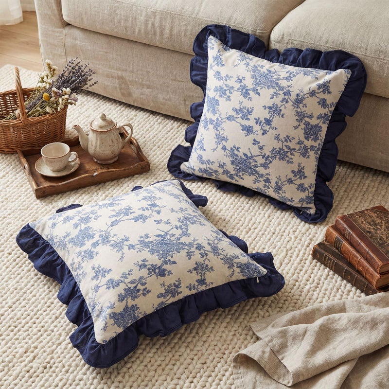 Tingjoo 2 Pack Blue Floral Vintage Throw Pillow Covers with Ruffle 18x18 Inch, Farmhouse Decorative Cushion Covers Neutral Accent Print Home Boho Decor Gifts for Sofa Chair Couch Bedroom Living Room - Image 3