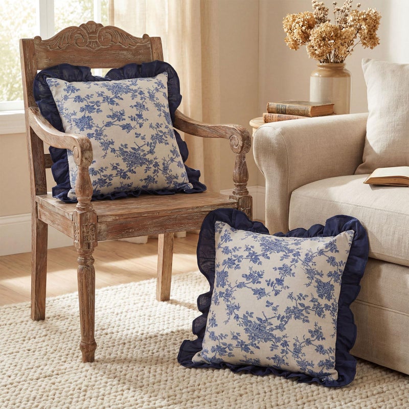 Tingjoo 2 Pack Blue Floral Vintage Throw Pillow Covers with Ruffle 18x18 Inch, Farmhouse Decorative Cushion Covers Neutral Accent Print Home Boho Decor Gifts for Sofa Chair Couch Bedroom Living Room - Image 5