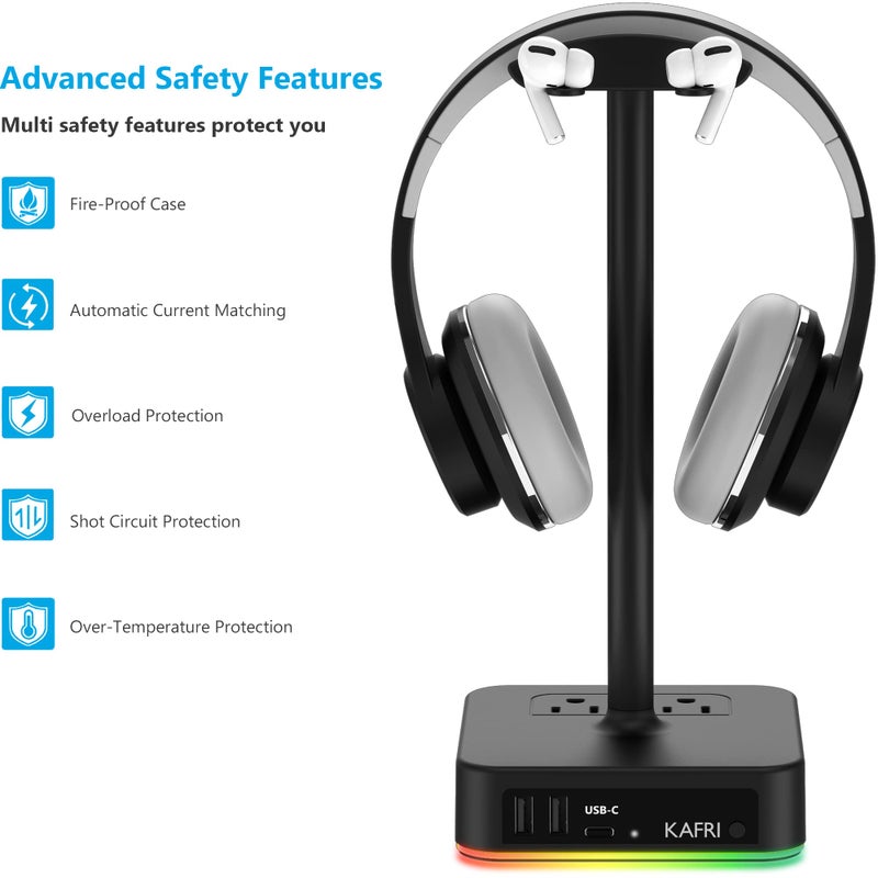KAFRI RGB Headphone Stand with USB A&C Charger Desk Gaming Headset Holder Hanger Rack with 3 USB Charging Port and 2 Outlet - Suitable for Gamer Desktop Table Game Earphone Accessories Boyfriend Gifts - Image 5