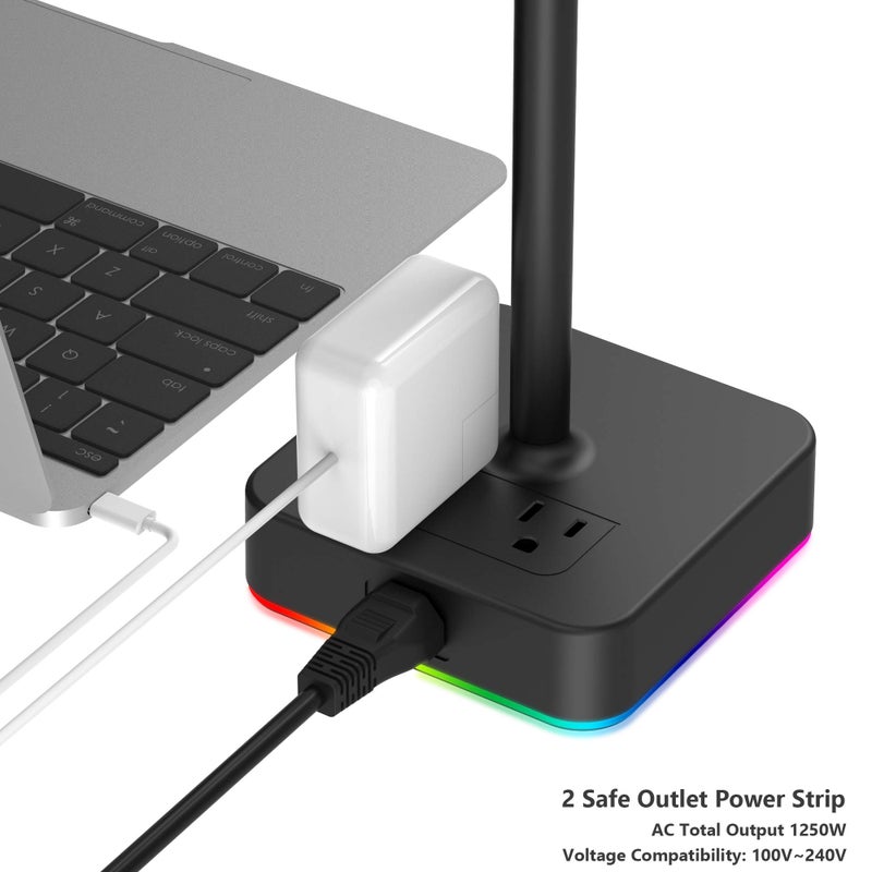 KAFRI RGB Headphone Stand with USB A&C Charger Desk Gaming Headset Holder Hanger Rack with 3 USB Charging Port and 2 Outlet - Suitable for Gamer Desktop Table Game Earphone Accessories Boyfriend Gifts - Image 3