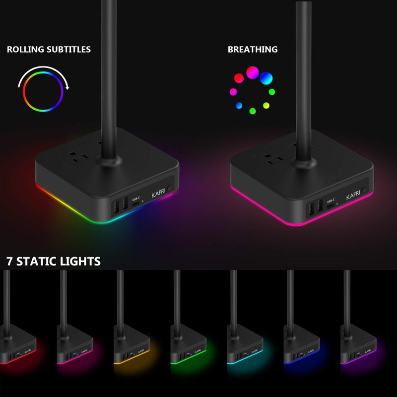 KAFRI RGB Headphone Stand with USB A&C Charger Desk Gaming Headset Holder Hanger Rack with 3 USB Charging Port and 2 Outlet - Suitable for Gamer Desktop Table Game Earphone Accessories Boyfriend Gifts - Image 1