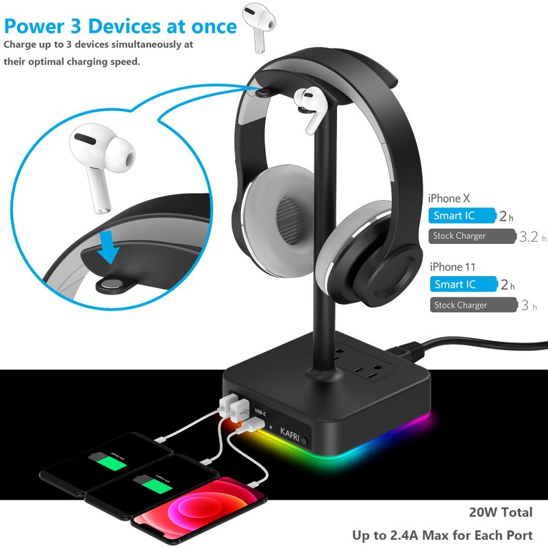 KAFRI RGB Headphone Stand with USB A&C Charger Desk Gaming Headset Holder Hanger Rack with 3 USB Charging Port and 2 Outlet - Suitable for Gamer Desktop Table Game Earphone Accessories Boyfriend Gifts - Image 2