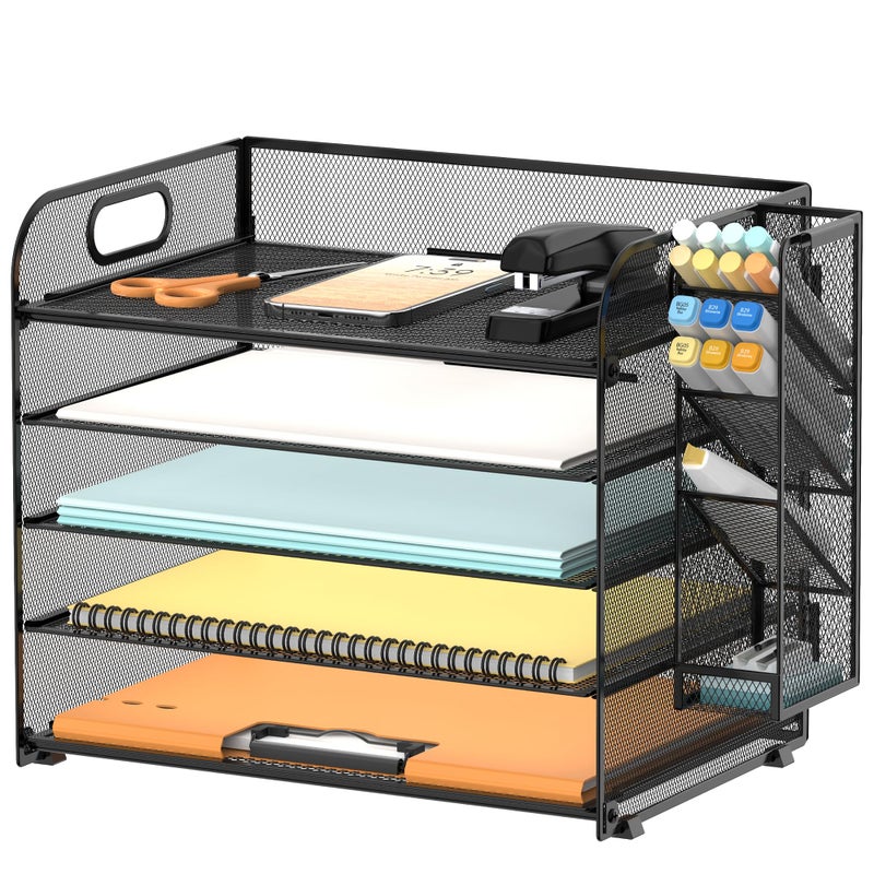 SUPEASY 5 Tier Desk Organizer with Handle Removable Pen Holders Mesh PaperFile Organizer for Desk Paper Letter Tray Organizer for Office Supplies Black