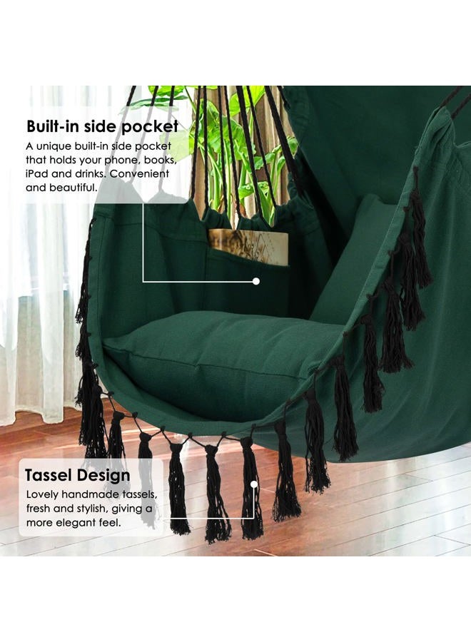Y- STOP Hammock Chair Hanging Rope Swing, Max 500 Lbs, 2 Cushions Included, Large Macrame Hanging Chair with Pocket for Superior Comfort, with Hardware Kit, Green - Image 3