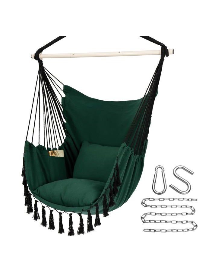 Y- STOP Hammock Chair Hanging Rope Swing, Max 500 Lbs, 2 Cushions Included, Large Macrame Hanging Chair with Pocket for Superior Comfort, with Hardware Kit, Green - Image 1