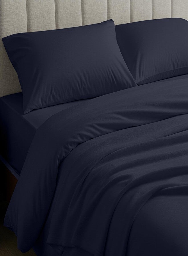 ميلاني طقم ملاءات سرير من الفلانيل من ميلاني - 4 قطع فاخرة، قطن ثقيل الوزن 100%، 180 جرام/متر مربع - مريح وناعم وجيد التهوية - جيوب عميقة مع مطاط محيطي - دافئ ومريح (مقاس كوين، لون كحلي) - Image 2