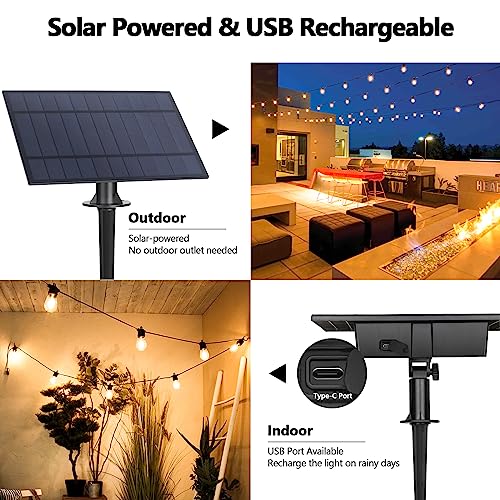 BesLowe 48FT S14 Solar String Lights Outdoor with Remote Controller, Solar Powered Patio Lights Waterproof with LED Edison Bulbs, Dimmable Hanging Lights for Outside Backyard Porch, USB Rechargeable - Image 2