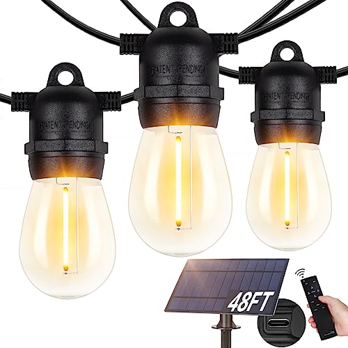 BesLowe 48FT S14 Solar String Lights Outdoor with Remote Controller, Solar Powered Patio Lights Waterproof with LED Edison Bulbs, Dimmable Hanging Lights for Outside Backyard Porch, USB Rechargeable - Image 1