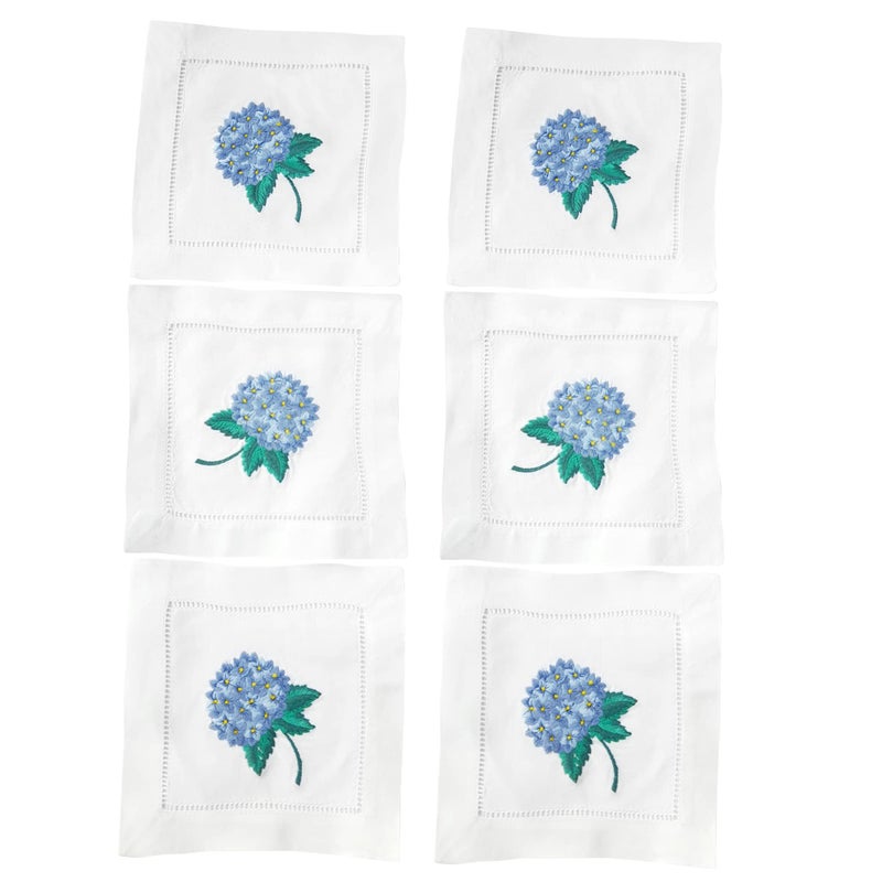 HCRAFT Embroidered White Cocktail Napkins 6x6 Set of 6 Cloth Napkin Coasters Hydrangea Embroidered Cocktail Napkins for Christmas Cocktail Napkins Parties Ladder Hemstitch Great Present Ideas