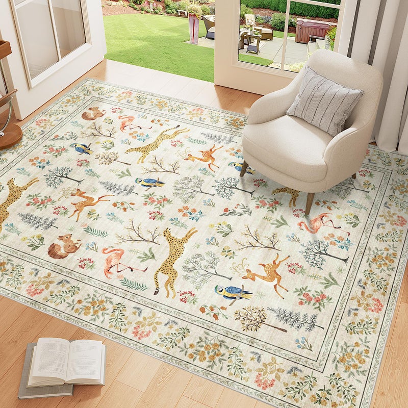 DUKINO 3x5 Rug, Washable Animal Area Rug with Non Slip Vintage Design, Indoor Soft Low Pile Carpet for Bedroom, Nursery, Dining Room, Farmhouse, Playroom, White - Image 2