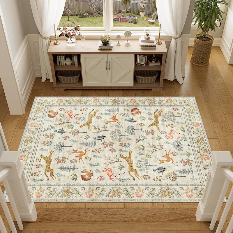 DUKINO 3x5 Rug, Washable Animal Area Rug with Non Slip Vintage Design, Indoor Soft Low Pile Carpet for Bedroom, Nursery, Dining Room, Farmhouse, Playroom, White - Image 3