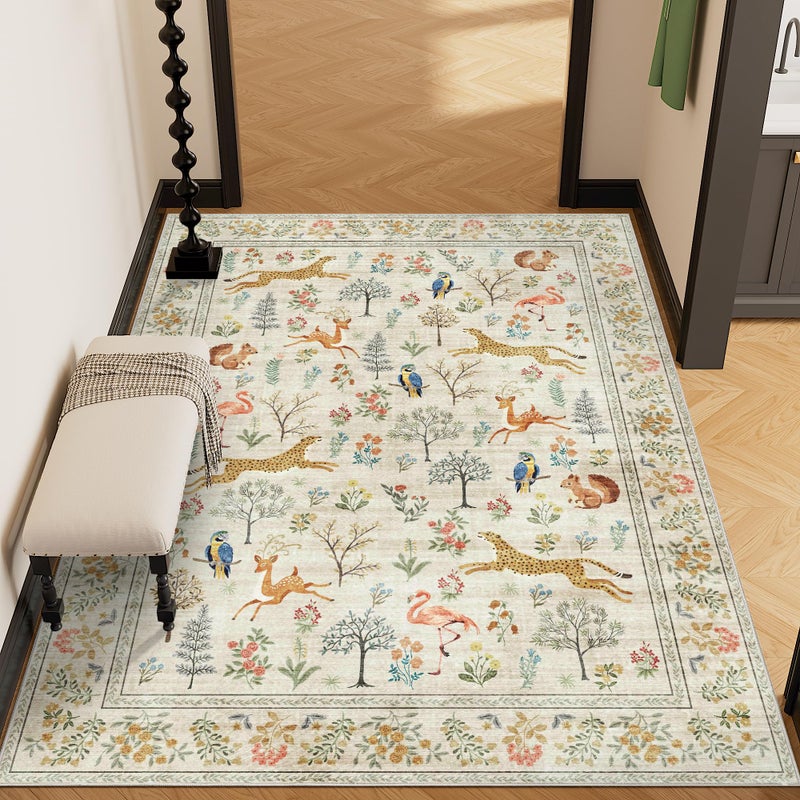 DUKINO 3x5 Rug, Washable Animal Area Rug with Non Slip Vintage Design, Indoor Soft Low Pile Carpet for Bedroom, Nursery, Dining Room, Farmhouse, Playroom, White - Image 5