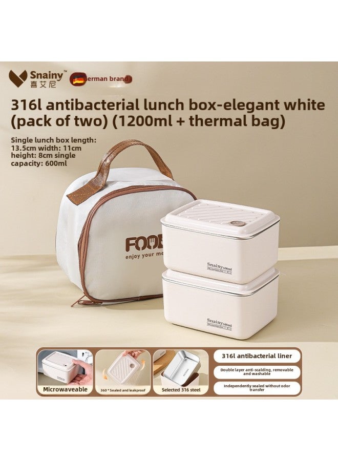 316 Stainless Steel Insulated Lunch Box Office Workers Can Be Microwave Heated Multi-layer Student Special Lunch Box With Meals-Specifications:316 Steel Elegant White-1200ml With Thermal Bag  - Image 1