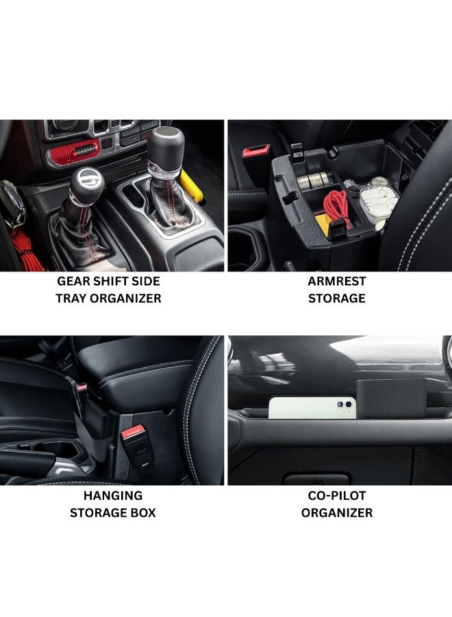 MOTOR FIT 4PCS Storage Organizer Trays for Jeep Wrangler JL/JLU 2018–2025 | Gear Shift Side Tray Organizer, Armrest Storage Box, Hanging Storage Box & Co-Pilot Organizer | Interior Accessories Bundle - Image 2