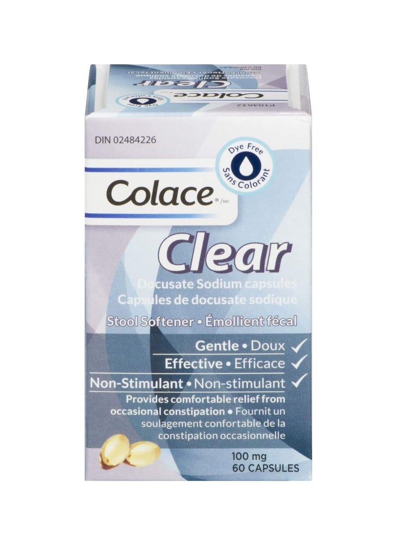 COLACE - كبسولات كولاس كلير دوكوسات الصوديوم لتليين البراز | مثالية لتحضيرات تنظير القولون | تعالج أيضًا الإمساك العرضي | 60 كبسولة - Image 1