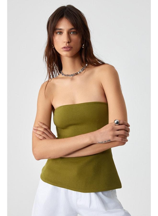 GRIMELANGE ORIANA Women's Slim Fit Strapless Green Blouse. - Image 3