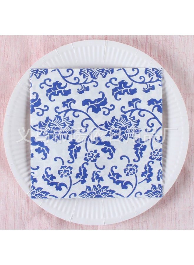 Printed Square Paper Party Decoration Vintage Napkin Household Napkin Western Restaurant Holiday Tableware Paper Towel-Color:Monochrome Printing-Specifications:Blue 1-20 Sheets - Image 1