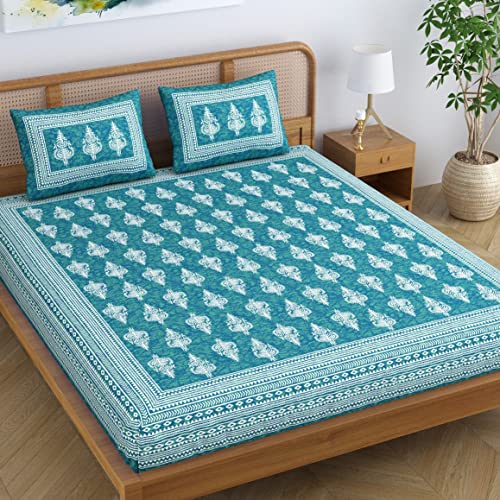 SheetKart Motif Floral 144 TC 100% Cotton Double Bedsheet Jaipuri Printed Bed Cover with 2 Pillow Covers - Sea Green - Image 1