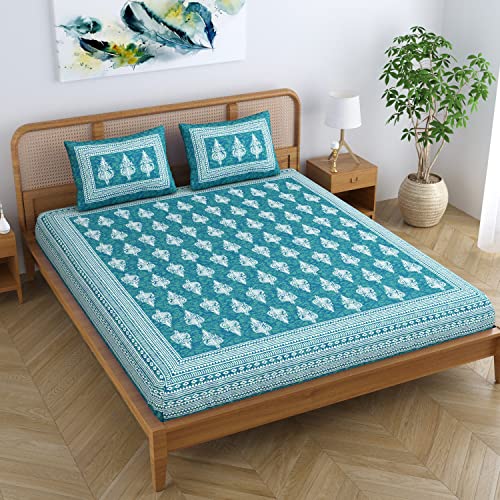 SheetKart Motif Floral 144 TC 100% Cotton Double Bedsheet Jaipuri Printed Bed Cover with 2 Pillow Covers - Sea Green - Image 4