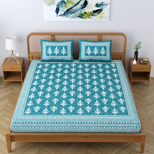 SheetKart Motif Floral 144 TC 100% Cotton Double Bedsheet Jaipuri Printed Bed Cover with 2 Pillow Covers - Sea Green - Image 5