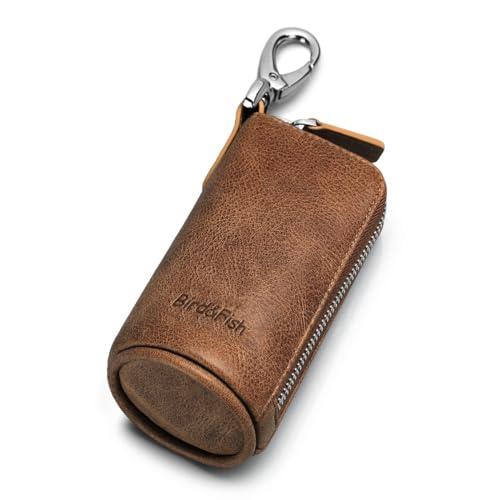 Bird&Fish Keychain Wallet for Women and Men, Genuine Leather Coin Purse with Key Ring, Multi Soft iris wallet, Small Zipper Change Pouch, Mini Key Pouch for Car Keys Accessory(Amber Brown) - Image 1