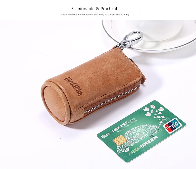 Bird&Fish Keychain Wallet for Women and Men, Genuine Leather Coin Purse with Key Ring, Multi Soft iris wallet, Small Zipper Change Pouch, Mini Key Pouch for Car Keys Accessory(Amber Brown) - Image 4