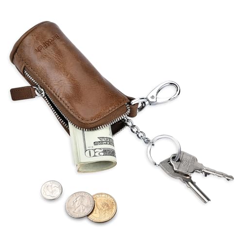 Bird&Fish Keychain Wallet for Women and Men, Genuine Leather Coin Purse with Key Ring, Multi Soft iris wallet, Small Zipper Change Pouch, Mini Key Pouch for Car Keys Accessory(Amber Brown) - Image 2