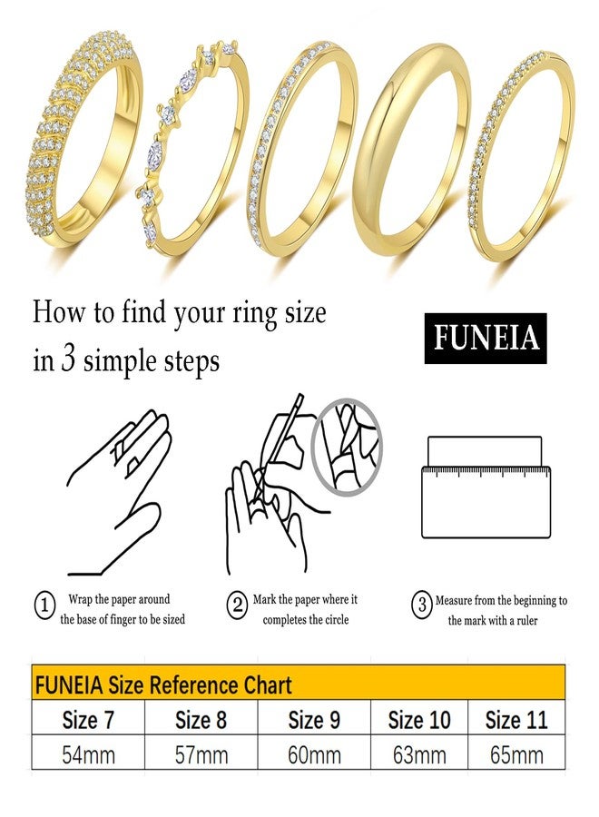 FUNEIA خواتم ذهبية قابلة للتكديس من FUNEIA للنساء، مقاومة للصدأ، عصرية ورقيقة، مطلية بالذهب عيار 14 قيراط، مرصعة بالزركونيا المكعبة، طقم خواتم مميزة بتصميمها العريض، خواتم وعد وخطوبة، متوفرة بمقاسات 7، 8، 9، 10، 11 - Image 5