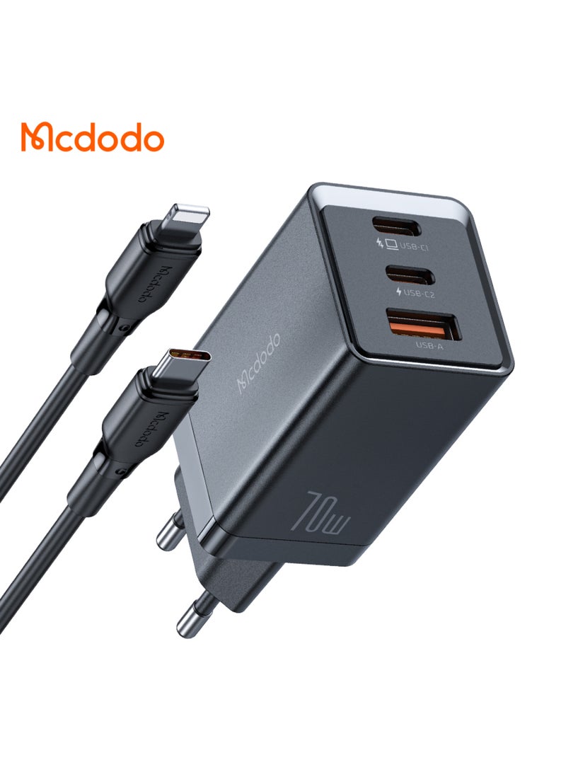 مكدودو Mcdodo مجموعة شاحن غان (GaN 5 Mini Pro) 70 واط، 3 منافذ (2C+1A)، شحن سريع مع كابل PD 36 واط - Image 1