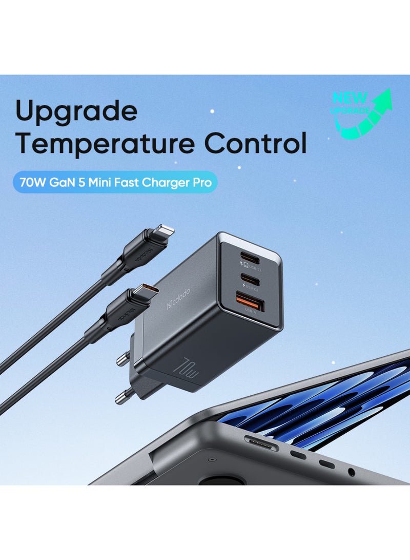 مكدودو Mcdodo مجموعة شاحن غان (GaN 5 Mini Pro) 70 واط، 3 منافذ (2C+1A)، شحن سريع مع كابل PD 36 واط - Image 2