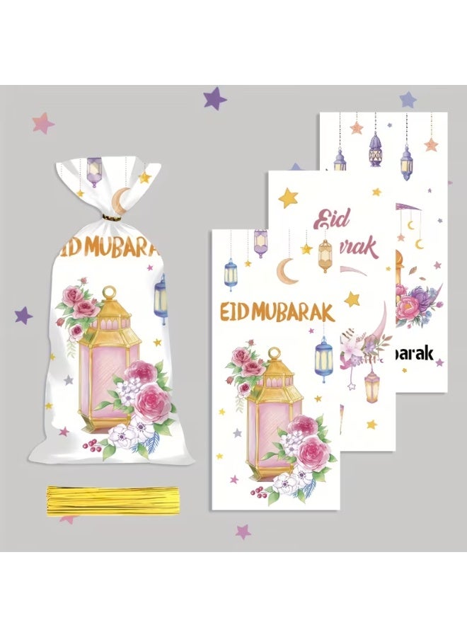 50PCS Ramadan Party Gift Bags – Floral & Crescent Print Favor Bags for Eid Treats & Gifts - Image 3