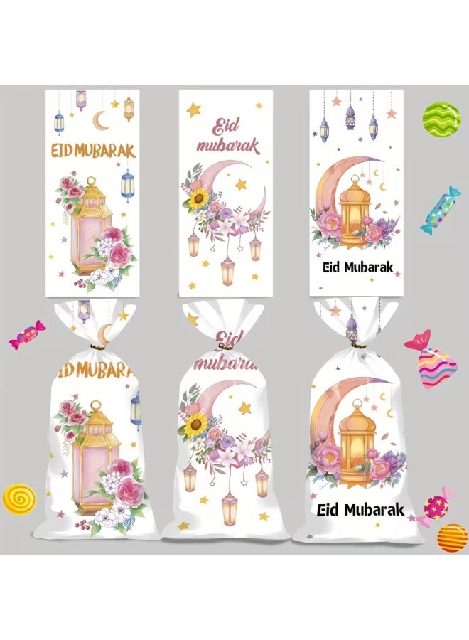 50PCS Ramadan Party Gift Bags – Floral & Crescent Print Favor Bags for Eid Treats & Gifts - Image 1