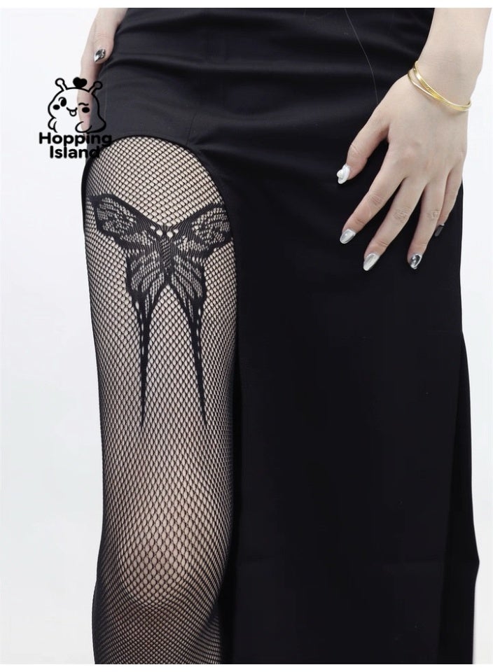 Hopping Island Butterfly Body Stockings Tights Black Fishnet Garter-Style Lace [HI Floral] - Image 2