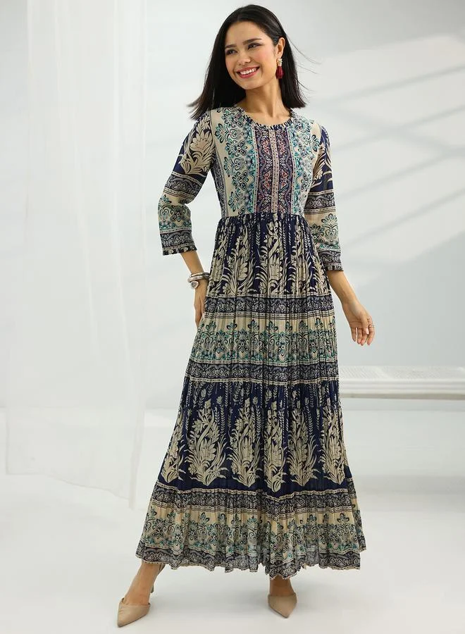 Libas Navy Blue Cotton Fit and Flare Dress