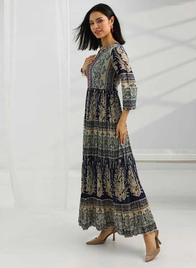 Libas Navy Blue Cotton Fit and Flare Dress