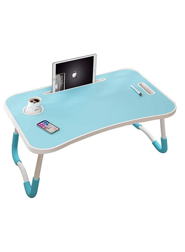 Generic Folding Bed Laptop Table Tray Lap Desk Notebook Stand with iPad Holder Cup Slot Adjustable Anti Slip Legs Foldable for Indoor Outdoor Camping Study Eating Reading Watch Movies on Couch Sofa Floor BLUE - Image 1